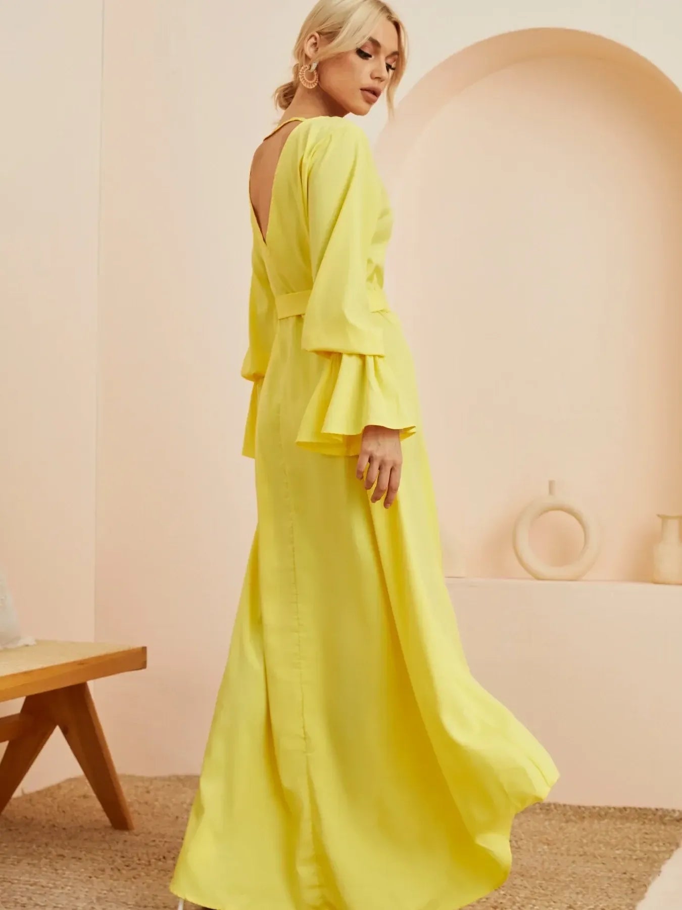 Ruffled Wrap Maxi Dress with Bell Sleeves