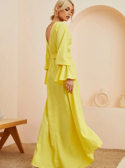 Ruffled Wrap Maxi Dress with Bell Sleeves