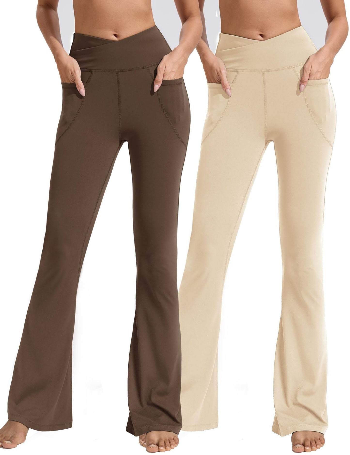 Cross Waist Design Pocket Flared Pants, Polyester Double Mill 2,