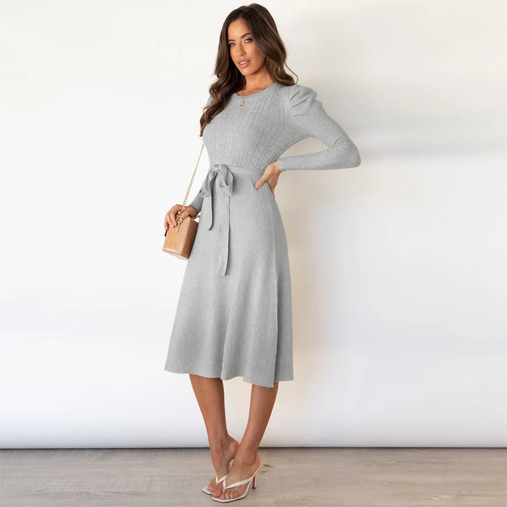 Fall Winter Womens Dresses Sweater Long Puff Sleeve Maxi Dresses Ruffle Swing Dresses Wedding Guest Dresses