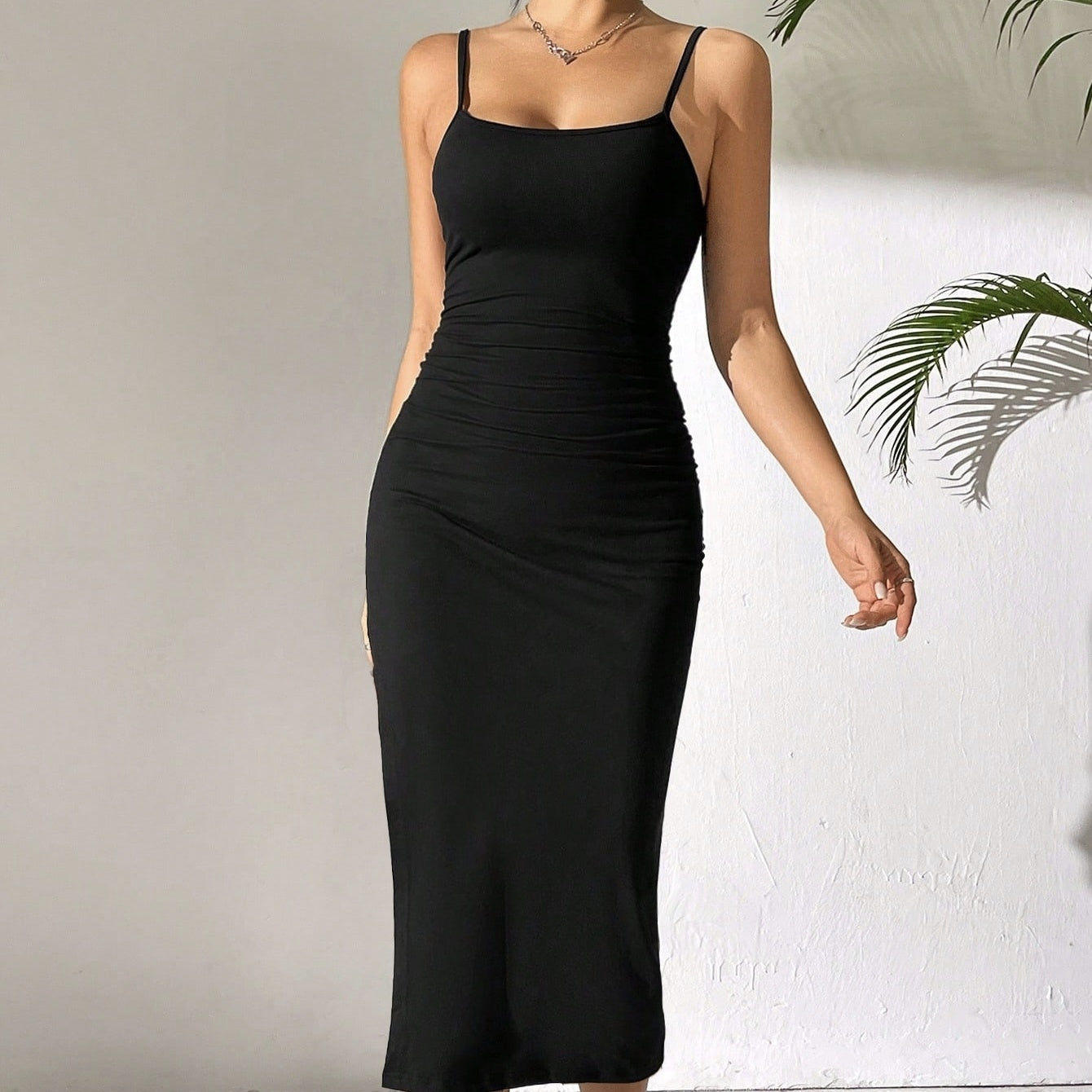 Women Solid Color Slim Fit Straps Hem Slit Suspender Dress