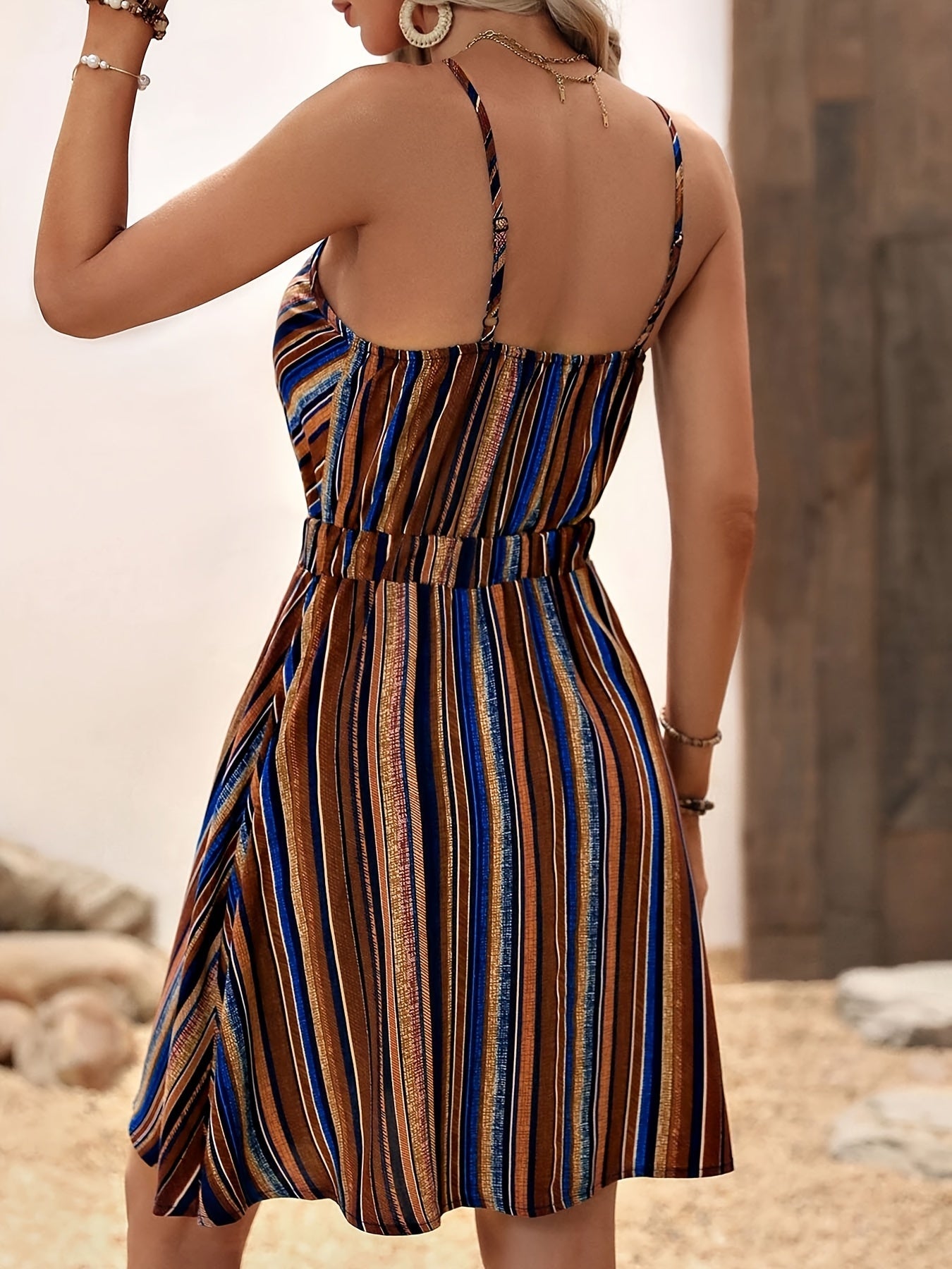 Women Summer Sexy Deep V Neck Striped Printed Suspender Dress