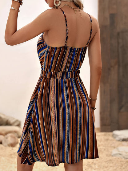 Women Summer Sexy Deep V Neck Striped Printed Suspender Dress