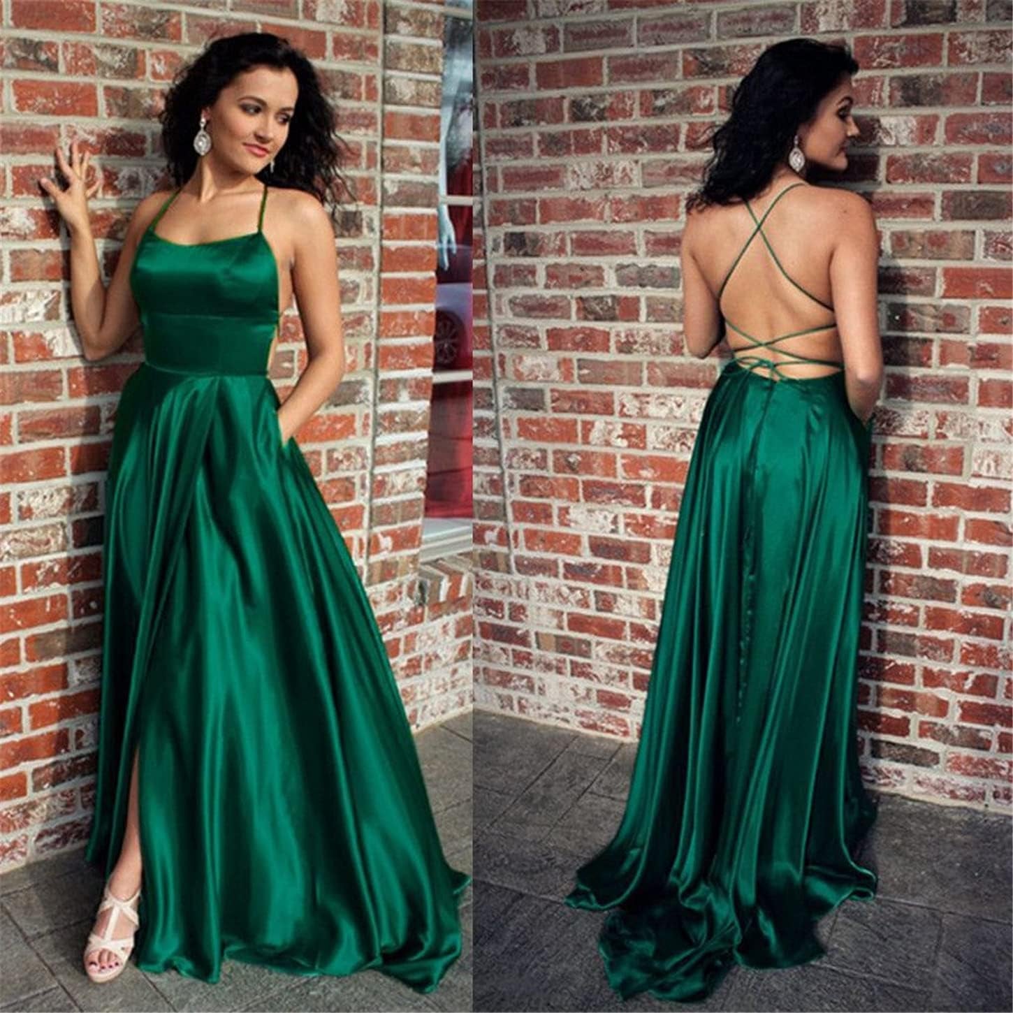Women'S Spaghetti Straps Satin Prom Dresses with Split Long Evening Party Gown Green 08
