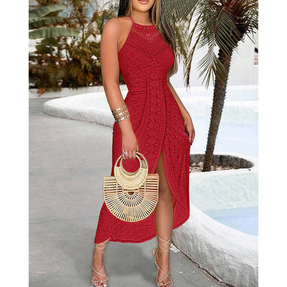 Women Sexy Open Back Pleated Bodycon Midi Dress