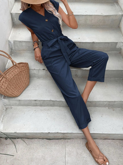Button-Front Tie Waist Jumpsuit