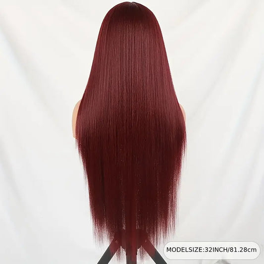 High Temperature Resistant Burgundy Long Straight Lace Non-Toxic Wig,