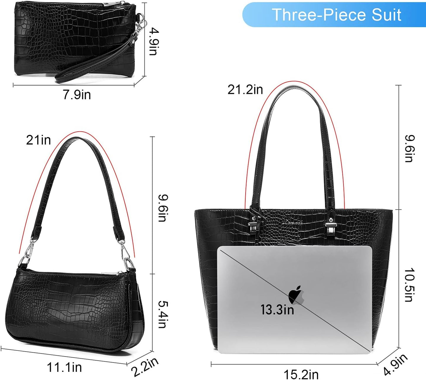 Handbag for Women Tote Handbag Set Crocodile Shoulder Clutch Purse 3Pcs