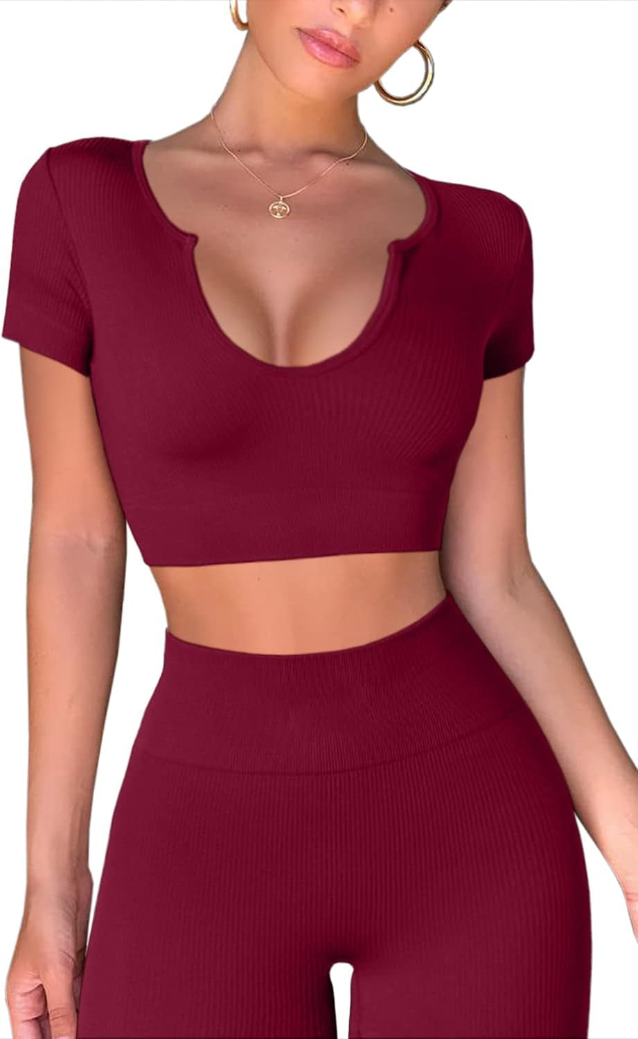 Yoga Outfits for Women Seamless 2 Piece Workout Gym High Waist Pants with Sport Crop Set Wine L