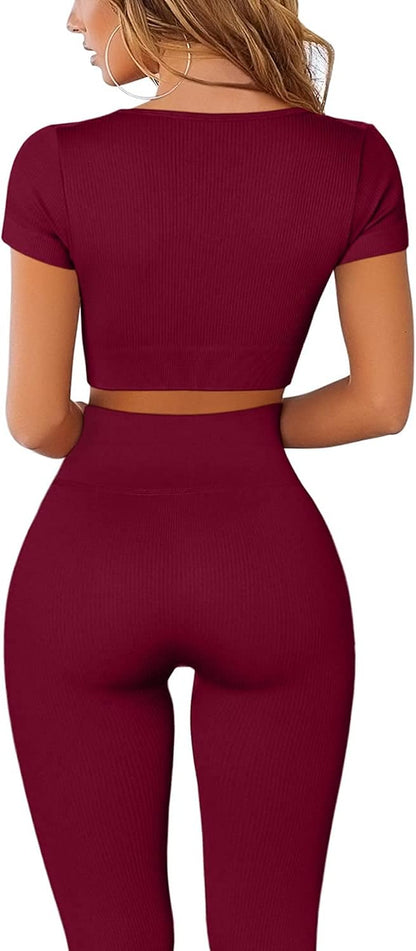 Yoga Outfits for Women Seamless 2 Piece Workout Gym High Waist Pants with Sport Crop Set Wine L