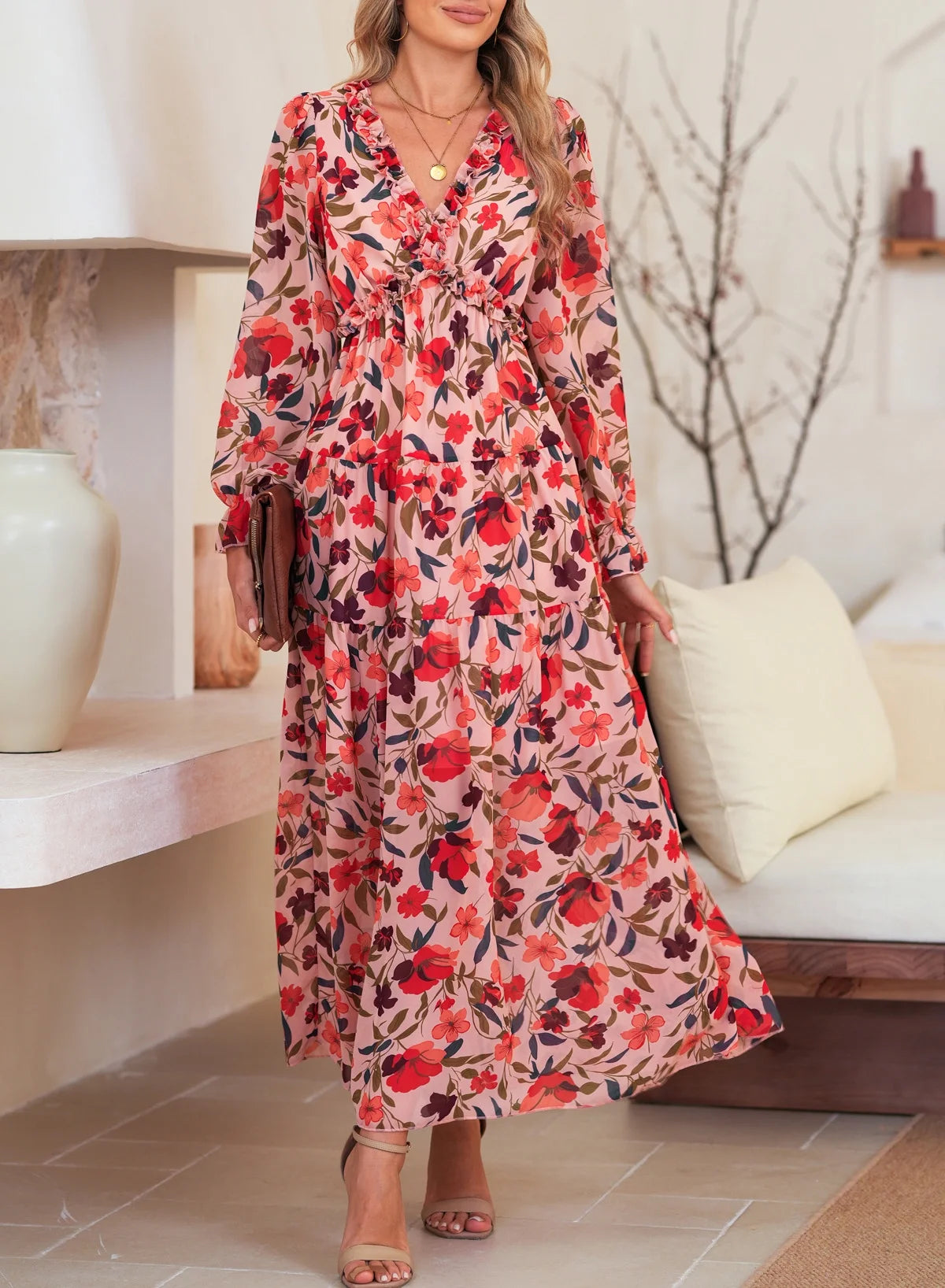 Women'S Red Floral Maxi Dresses Casual Deep V Neck Long Sleeve Evening Dress Cocktail Party Dress for Women, US 8-10(M)