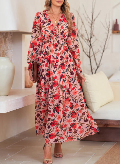 Women'S Red Floral Maxi Dresses Casual Deep V Neck Long Sleeve Evening Dress Cocktail Party Dress for Women, US 8-10(M)
