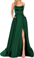 Women'S Spaghetti Straps Satin Prom Dresses with Split Long Evening Party Gown Green 08