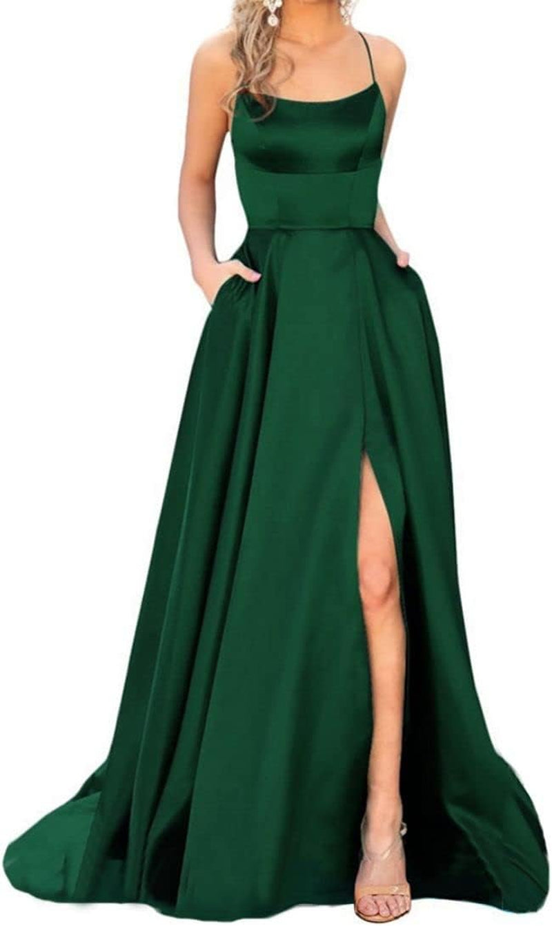 Women'S Spaghetti Straps Satin Prom Dresses with Split Long Evening Party Gown Green 08