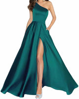 One Shoulder Long Prom Dresses for Women Satin a Line Formal Evening Party Gowns with Slit