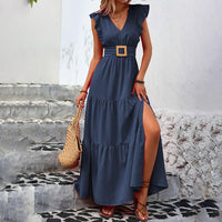 Women Solid Color Elegant V-Neck High Slit Long Skirt