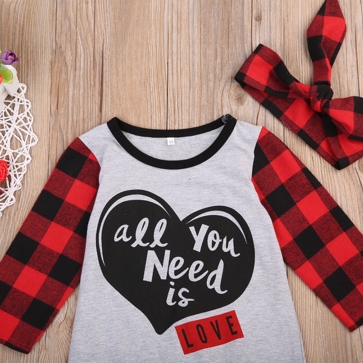 Babies Heart Plaids Romper+Headband Clothing Set