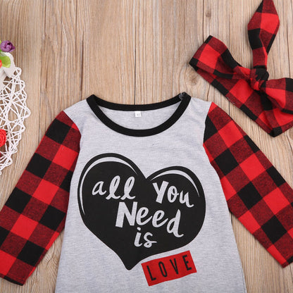 Babies Heart Plaids Romper+Headband Clothing Set