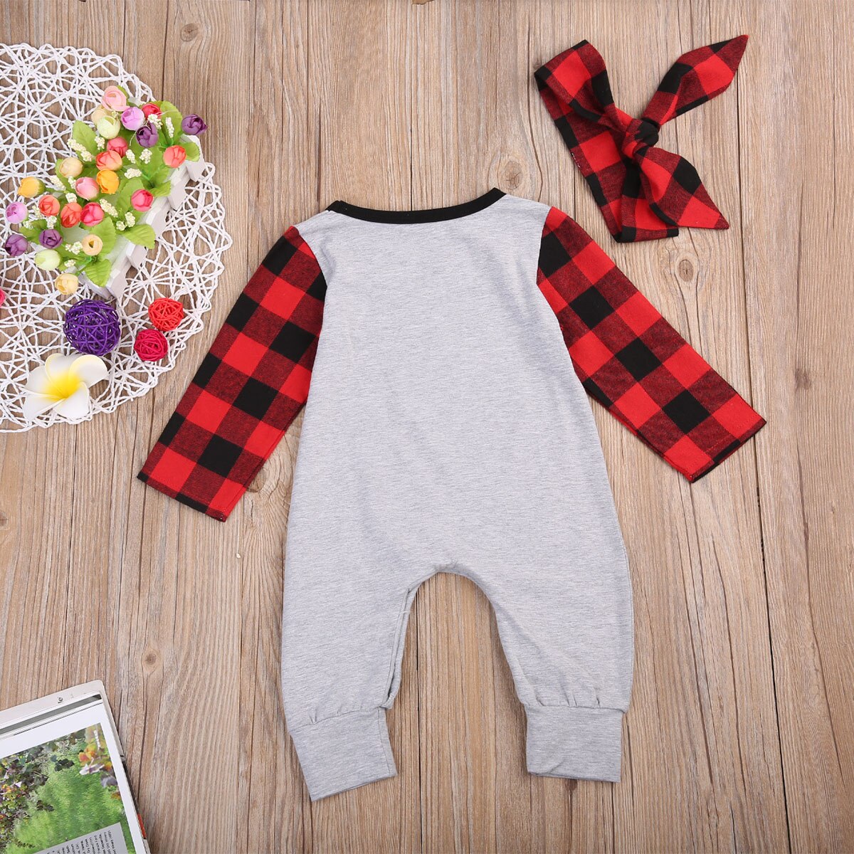 Babies Heart Plaids Romper+Headband Clothing Set