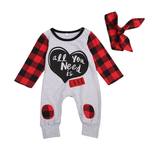 Babies Heart Plaids Romper+Headband Clothing Set