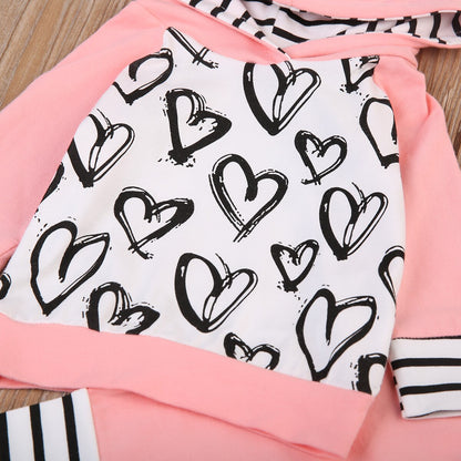 Babies Pink Heart Hooded Top Striped Pants