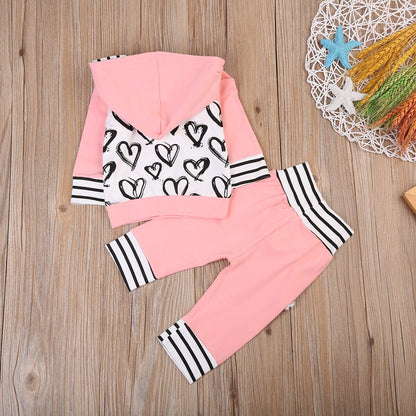 Babies Pink Heart Hooded Top Striped Pants