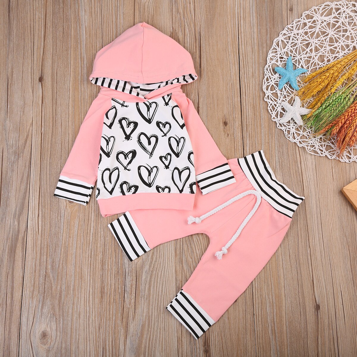 Babies Pink Heart Hooded Top Striped Pants