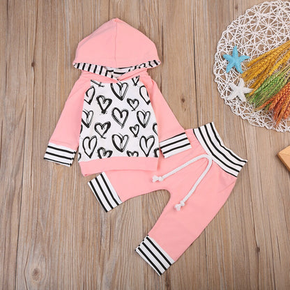 Babies Pink Heart Hooded Top Striped Pants