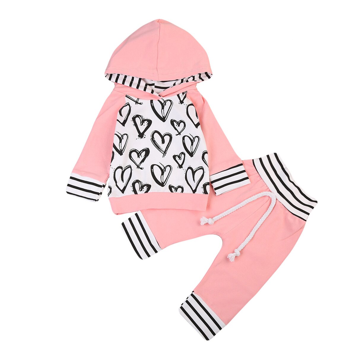 Babies Pink Heart Hooded Top Striped Pants