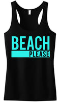 BEACH PLEASE Black Tank Top with Aqua Print