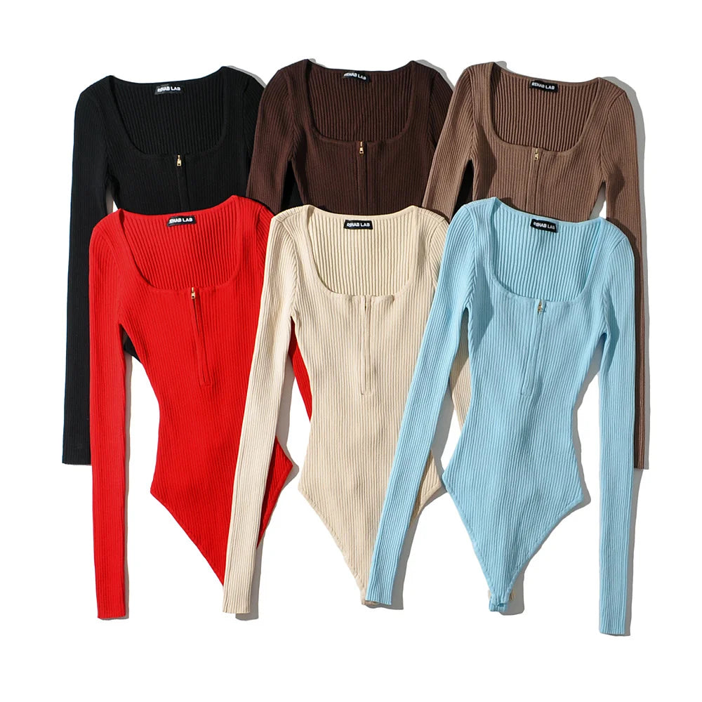 Summer outfits for women 2024 sexy bodysuit streetwear long sleeve square neck bodycon bodysuit zip up body suits black