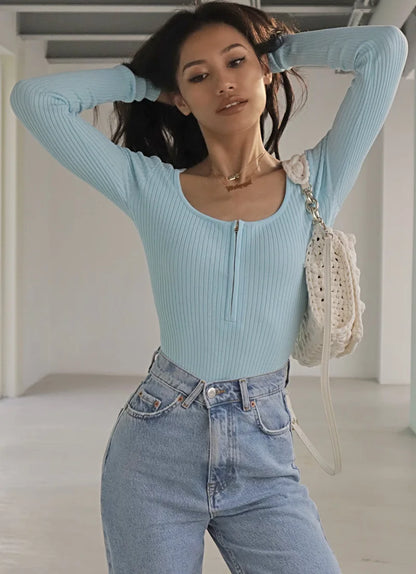 Summer outfits for women 2024 sexy bodysuit streetwear long sleeve square neck bodycon bodysuit zip up body suits black