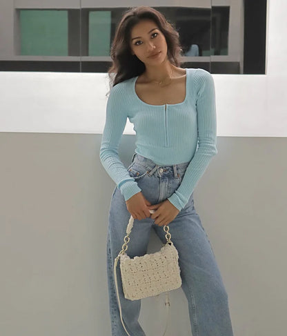 Summer outfits for women 2024 sexy bodysuit streetwear long sleeve square neck bodycon bodysuit zip up body suits black