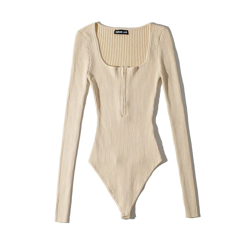 Summer outfits for women 2024 sexy bodysuit streetwear long sleeve square neck bodycon bodysuit zip up body suits black