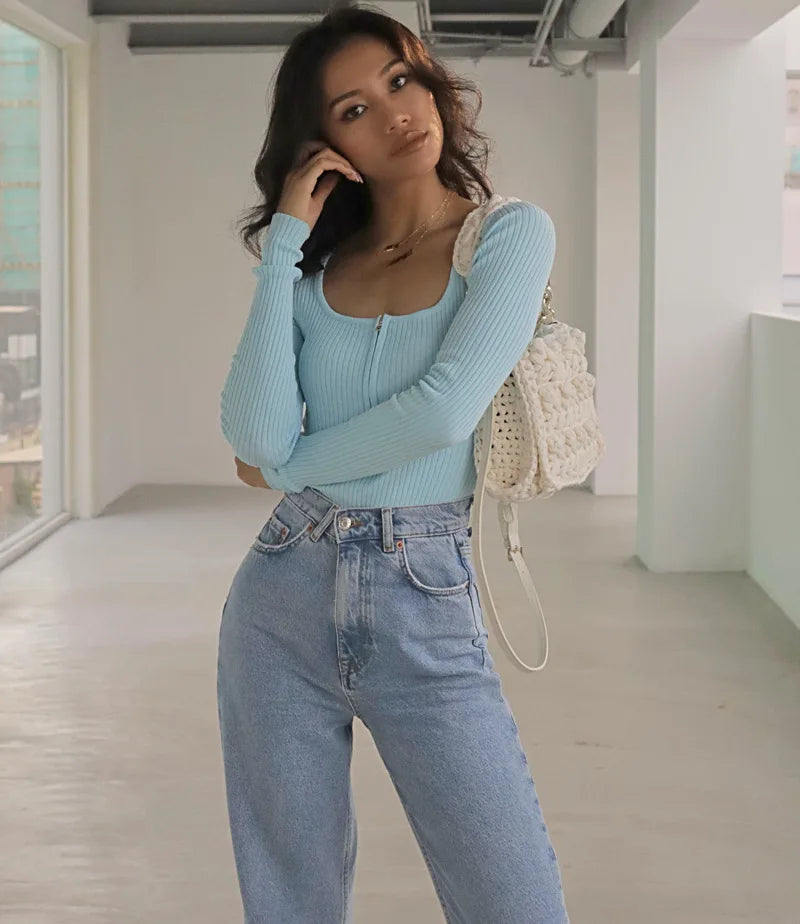 Summer outfits for women 2024 sexy bodysuit streetwear long sleeve square neck bodycon bodysuit zip up body suits black