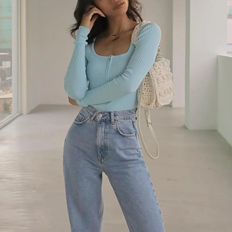 Summer outfits for women 2024 sexy bodysuit streetwear long sleeve square neck bodycon bodysuit zip up body suits black