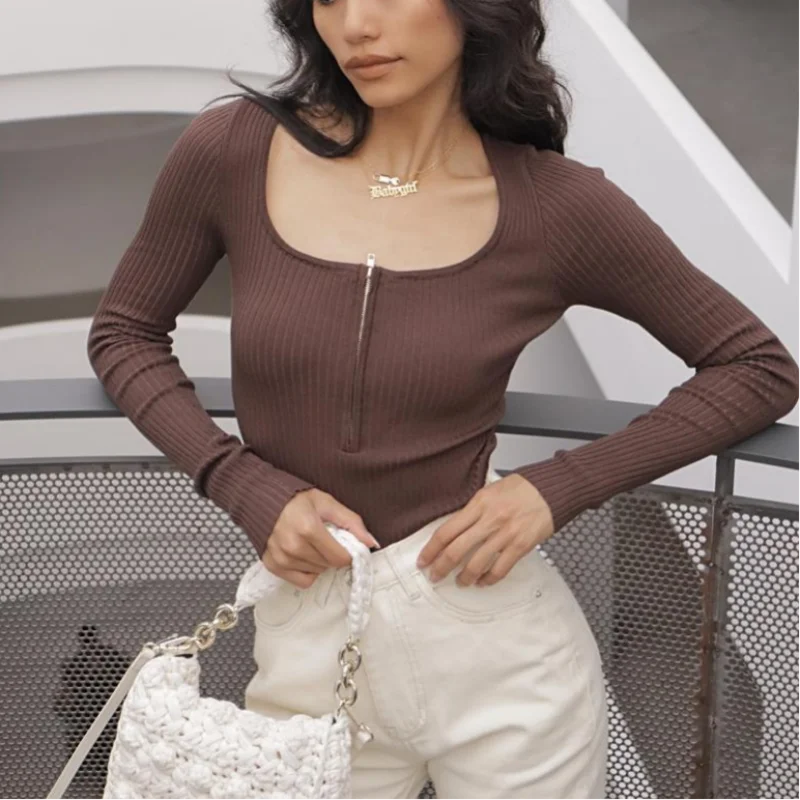 Summer outfits for women 2024 sexy bodysuit streetwear long sleeve square neck bodycon bodysuit zip up body suits black