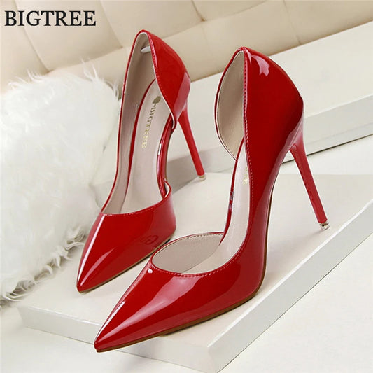 BIGTREE Shoes New Patent Leather Woman Pumps Pointed Stiletto Fashion