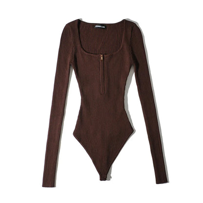 Summer outfits for women 2024 sexy bodysuit streetwear long sleeve square neck bodycon bodysuit zip up body suits black