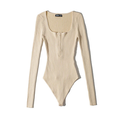 Summer outfits for women 2024 sexy bodysuit streetwear long sleeve square neck bodycon bodysuit zip up body suits black