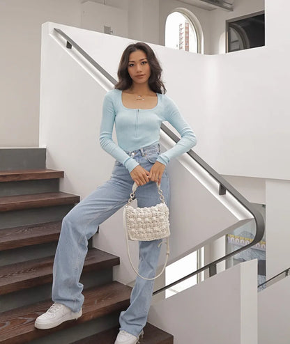 Summer outfits for women 2024 sexy bodysuit streetwear long sleeve square neck bodycon bodysuit zip up body suits black