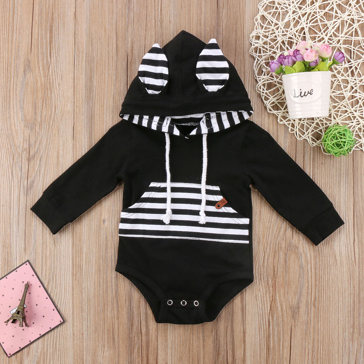 Newborn Baby Hooded Bodysuit Babies Stripes