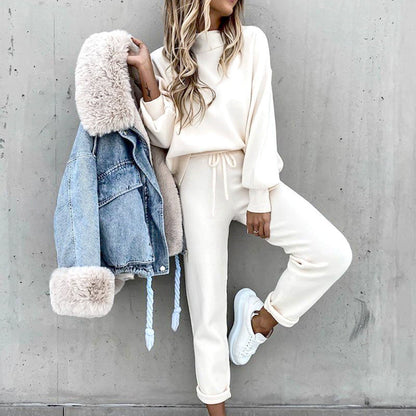Autumn and Winter Women's Sweater High Collar Casual Pure Color Trousers Two-piece Set