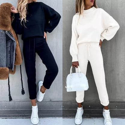 Autumn and Winter Women's Sweater High Collar Casual Pure Color Trousers Two-piece Set