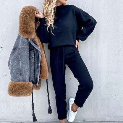 Autumn and Winter Women's Sweater High Collar Casual Pure Color Trousers Two-piece Set