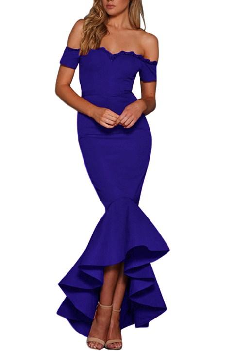 Royal Blue Lace Trim Off Shoulder Fishtail Party Dress