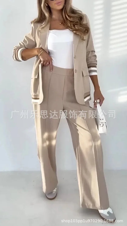 Women Suit Jacket 2 Piece Sets Striped Blazer Coat Turn Down Collar Single Breasted Wide Leg Pants Ensemble Office Lady Outfits