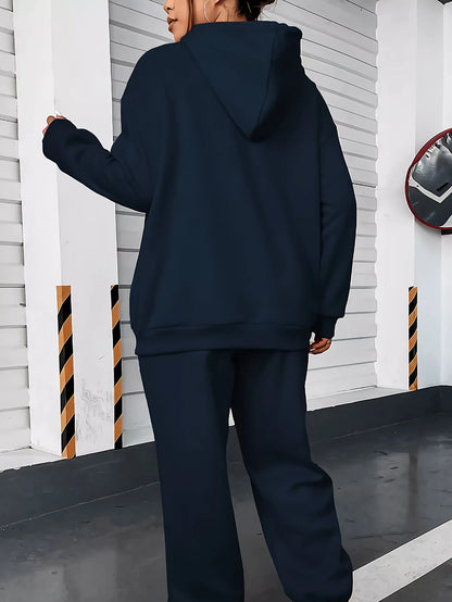 Women's autumn and winter fashion casual London England pattern print with thick fleece warm hooded sweatshirt+sports pants set