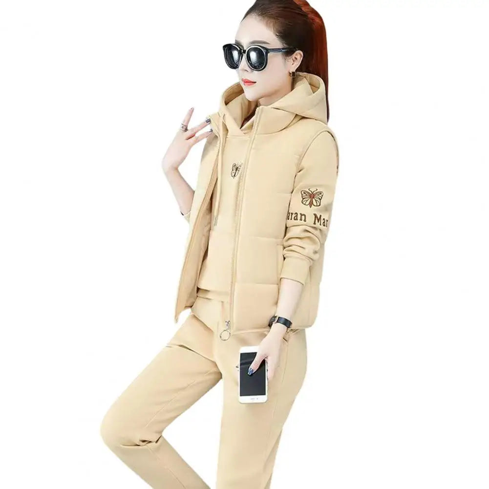 2024 Autumn Winter New Women's Casual Sweat Suit Fashion Plush Thickened Hooded Tops Waistcoat Pants 3 Three Piece Set For Women