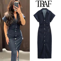 TRAF Pleated Single Breasted Denim Dress Women Fashion Short Sleeve